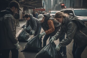 Volunteers cleaning the streets of trash and pollution