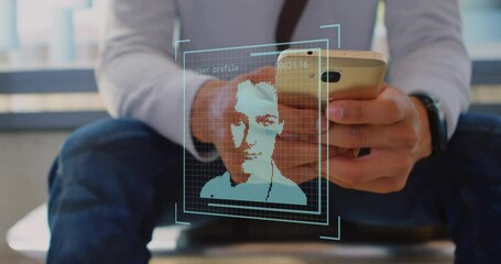 Poster - Animation of changing profile icons over over mid section of businessman using smartphone at office