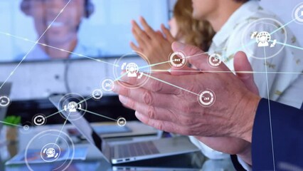 Poster - Animation of network of digital icons against mid section of colleagues clapping together at office