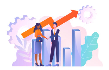 Poster - concept of growth. man and woman shake hands against background of bars, charts and diagrams. busine