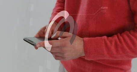 Poster - Animation of financial data processing over caucasian businessman using smartphone