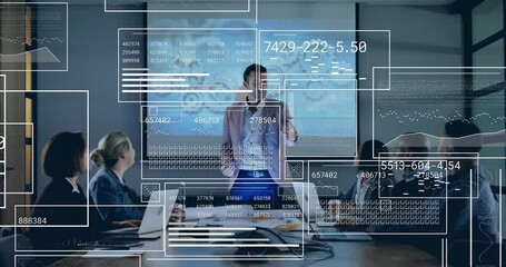 Poster - Animation of data processing over diverse business people in office