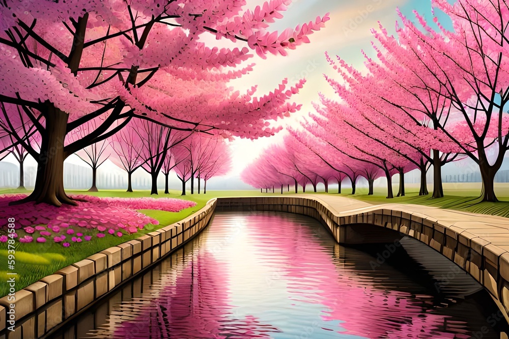 Beautiful landscape with pink cherry blossom trees. Stock Illustration ...