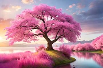 Beautiful landscape with pink cherry blossom trees.