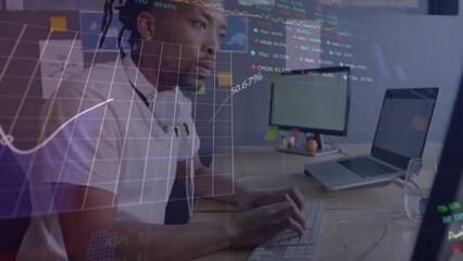 Poster - Animation of financial data processing over african american businessman using computer in office