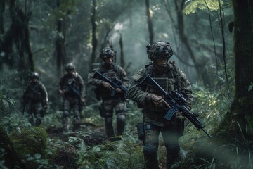 Special Forces Military Unit in full tactical gear , walking in the jungle. Generative AI