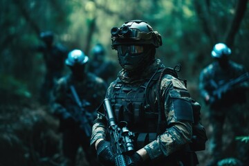Special Forces Military Unit in full tactical gear , walking in the jungle. Generative AI