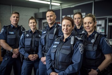 Advertising portrait shot of a Police officer team standing together in the Police station and they look at the camera. Generative AI.