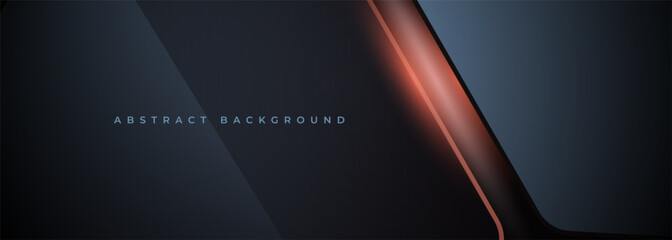Black and orange modern abstract wide banner with diagonal shapes and bright light. Dark grey and orange abstract background. Vector illustration