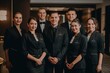 Advertising portrait shot of a hotel staff team standing together in a hotel and they look at the camera. Generative AI.