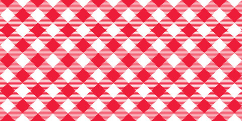 Poster - Seamless diagonal gingham pattern. Red and white slanted vichy cage background. Checked tweed plaid repeating wallpaper. Fabric texture design. Vector 
