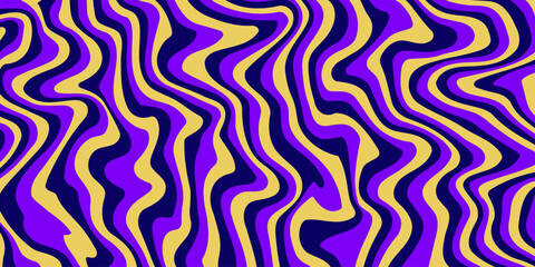Poster - Retro groovy background. Wavy vintage trippy psychedelic wallpaper. Purple yellow black pattern, cover, poster in 60s or 70s style. Liquid hippie texture. Vector
