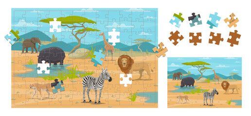Aufkleber - Cartoon african savannah animals. Jigsaw puzzle game pieces. Kids vector worksheet for sparetime activity with giraffe, zebra, elephant, lion, cheetah or hippo. Match the correct part boardgame riddle