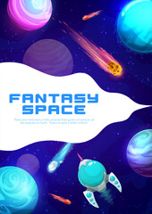 Poster - Cartoon space landing page with galaxy landscape, planets and starship. Business startup website vector template, company project or product launch landing page layout, fantasy space of alien universe