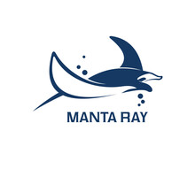 Manta Ray Animal Icon, Stingray Or Sting Fish In Sea Or Ocean Wave, Vector Blue Silhouette. Underwater Aquatic Manta Ray Creative Emblem, Company Or Brand Label, Marine Diving Or Yachting Club Symbol