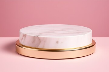 Poster - White Marble Cake with Gold Trim on a Pink Background. Generative AI