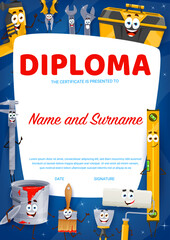 kids diploma. diy and repair tools cartoon characters vector certificate. kindergarten or preschool 