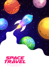 Poster - Space travel poster with starship and galaxy planets, vector cartoon space background. Rocket shuttle or spaceship in spaceflight to galaxy stars and alien planets in cartoon fantasy cosmic sky