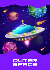 Poster - Space poster with UFO and galaxy planets, vector astronomy science and future technology. Cartoon universe landscape of alien world planets, flying saucer and stars with purple borders, space travel