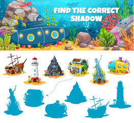 Poster - Find the correct shadow of underwater fairytale house buildings. Kids vector game worksheet, matching riddle with sunken ship, beacon, treasure chest, statue and submarine fantasy mermaid sea homes