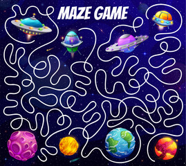 Poster - Kids galaxy labyrinth maze. Help to UFO find a space planet between fantasy universe stars vector game puzzle worksheet. Cartoon space map with maze paths, flying saucers, Earth, alien galaxy planets
