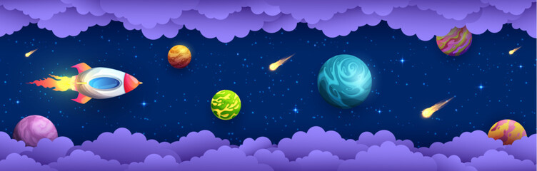 Poster - Space paper cut. Flying rocket in galaxy universe vector banner with cartoon planets, stars, comets and 3d layered origami borders of papercut clouds. Fantasy galaxy landscape for space travel themes