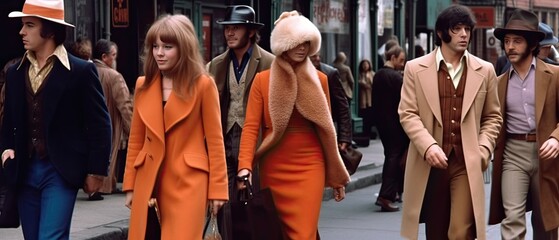 Vintage picture of a young stylish people walking in a city street in 1974. Generative AI