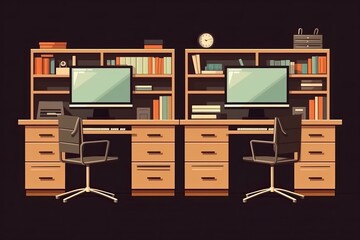 Poster - modern computer workstation with dual monitors and ergonomic chair. generative ai