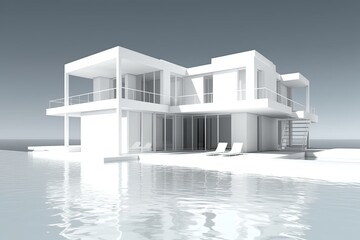 Poster - serene white house floating on a calm body of water. Generative AI