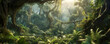 Dense jungle, wild forest with palm trees and tropical plants, generative AI.