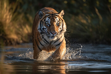 Tigers running in the water