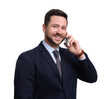 © New Africa - Handsome bearded businessman in suit talking on smartphone against white background