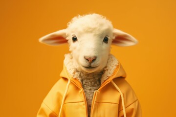 Wall Mural - Anthropomorphic baby sheep dressed in human clothing. Humanized animal concept. AI generated, human enhanced