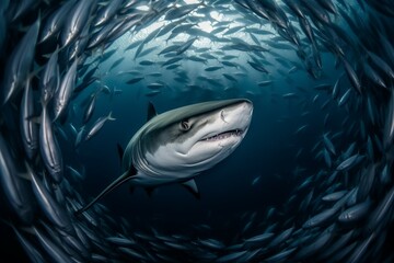 Wall Mural - A predatory shark among a school of fish. AI generated, human enhanced.