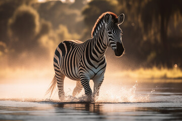 Wall Mural - Zebra running in the water