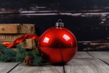 Wall Mural - festive red ornament resting on a rustic wooden table. Generative AI