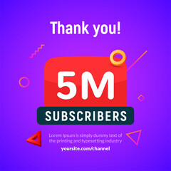 Wall Mural - 5 million followers vector post 5m celebration. Five millions subscribers followers thank you congratulation.