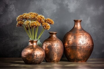 Poster - three colorful vases arranged on a wooden table. Generative AI