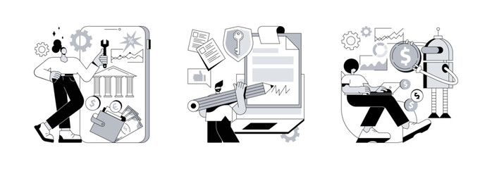 Poster - Business software abstract concept vector illustration set. Core banking IT system, electronic signature, artificial intelligence in financing, identification and encryption abstract metaphor.