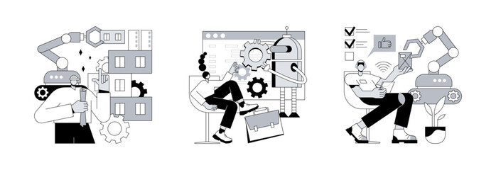 Poster - Machine work abstract concept vector illustration set. Robotics construction, collaborative artificial intelligence, remotely operated robots, factory automation, human control abstract metaphor.