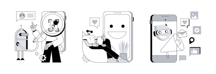 Poster - Interactive device abstract concept vector illustration set. Affective computing, personification design, artificial intelligence in social media, speech and gesture recognition abstract metaphor.