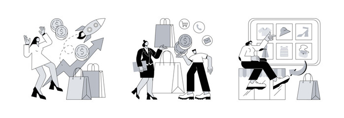 Poster - Marketing and sales abstract concept vector illustration set. Upselling and clienting, webrooming and digital goods research, customer motivation, client loyalty, e-commerce abstract metaphor.