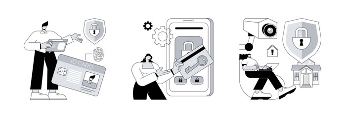 Poster - Security and identity verification abstract concept vector illustration set. Smart ID card, electronic opening system, video surveillance, automatic access, hidden wireless camera abstract metaphor.