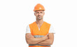 © be free - man worker in white studio. man worker in helmet on background.