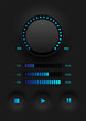 © Somsak - Technology abstract sound control knob circular LED level indicator with blue letters Bar graph with gradient lights The bottom keypad has an icon in the middle of a black gradient background.