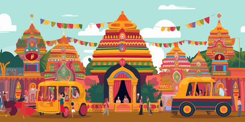 Hand drawn Rath Yatra scene in flat design