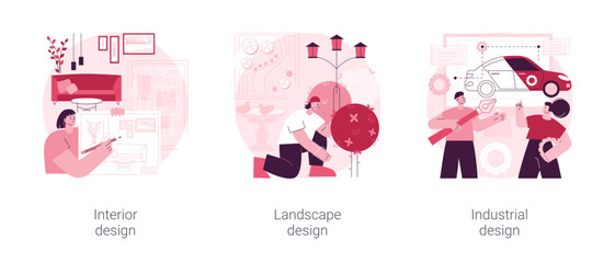 Poster - Design studio abstract concept vector illustration set. Interior and industrial design, landscape planning, decor ideas and tips, rooftop garden, product usability, architecture abstract metaphor.