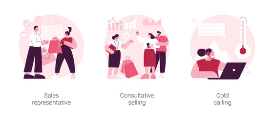 Poster - Direct marketing abstract concept vector illustration set. Sales representative, consultative selling, cold calling, salesman coaching, reaching customer, telemarketing abstract metaphor.