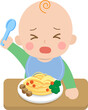 Crying baby with noodles, refusing to eat, disaffected and angry, vector character illustration in cartoon style