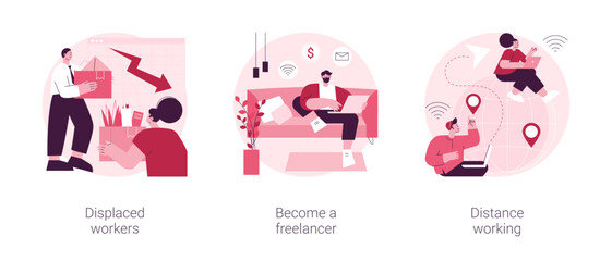 Poster - unemployment and remote job opportunities abstract concept vector illustration set. displaced worker